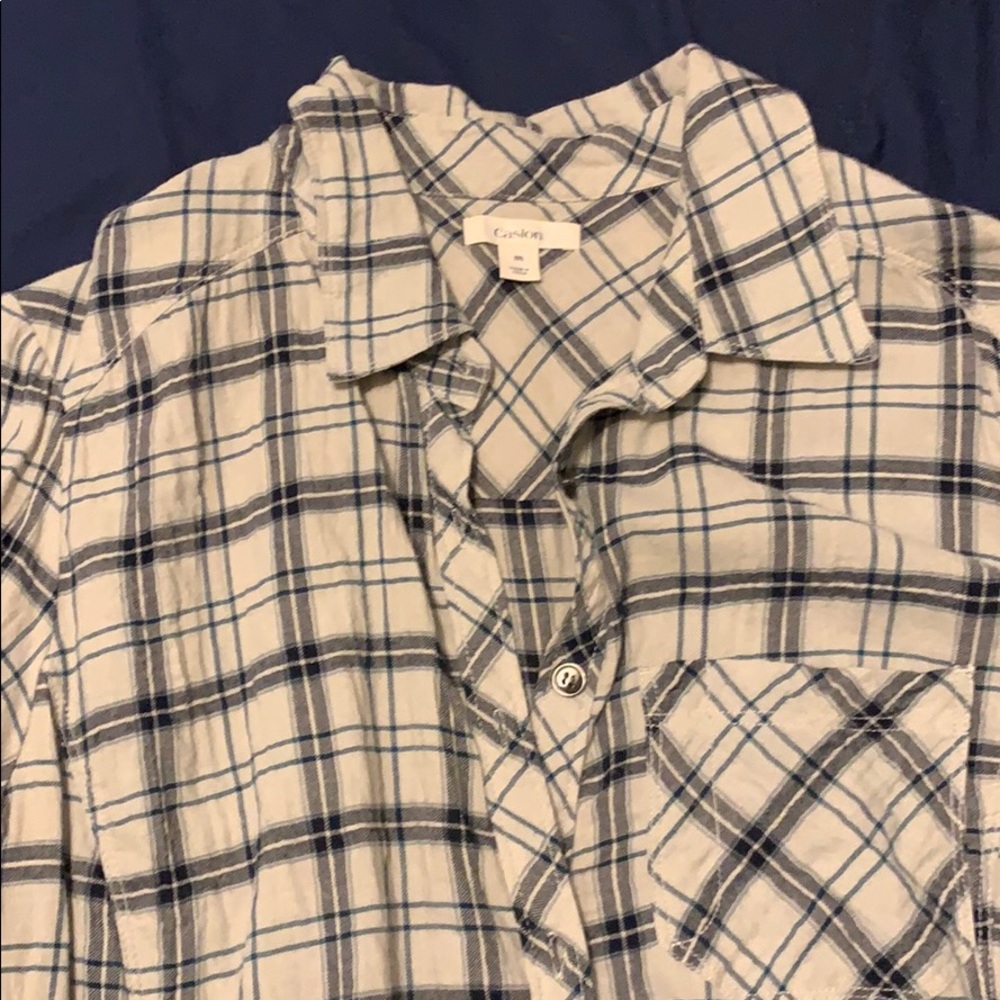 Textured Caslon l/s button down gray navy plaid